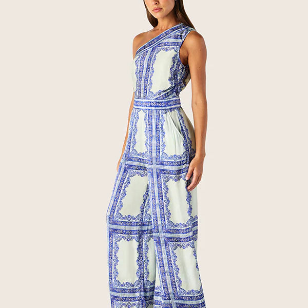 Satin jumpsuit with blue pattern