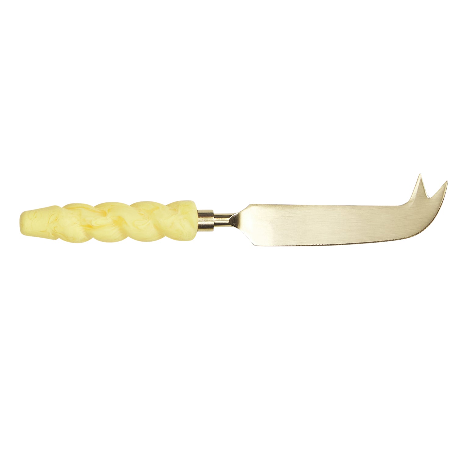 Julia cheese knife featuring a braided Aspen Gold resin handle and brushed gold-tone blade with forked tip