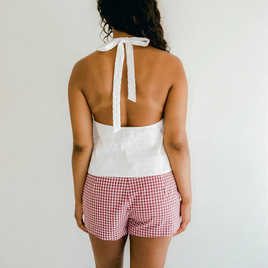 red and white check shorts by juni