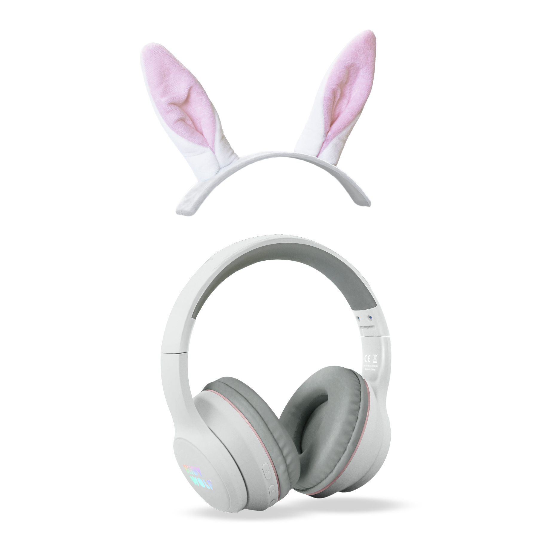 Close-up of white Kidyears headphones ear cup showing padding and pink accent stripe