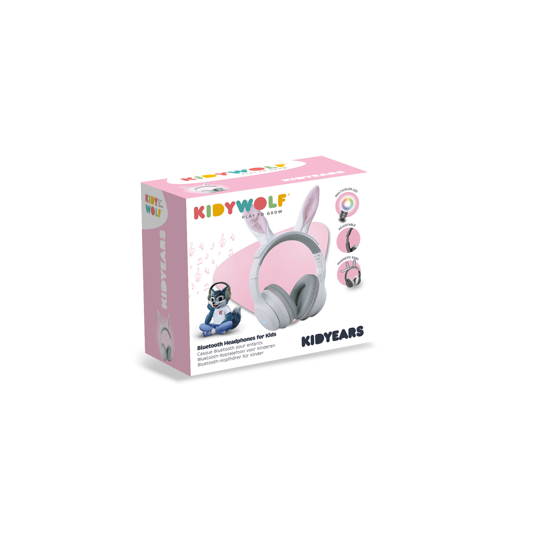 White and pink bunny ears attachment and Kidyears headphones product components on white background