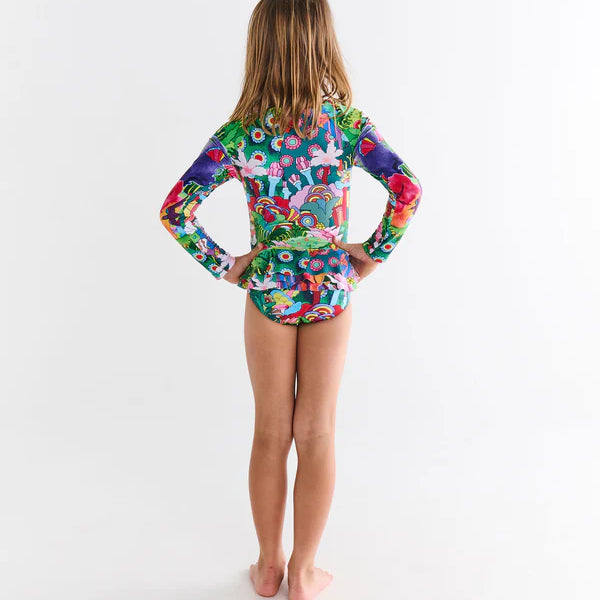 back view of Kip & Co x The Beatles Big Flower Dreamscape Long Sleeve Bathers