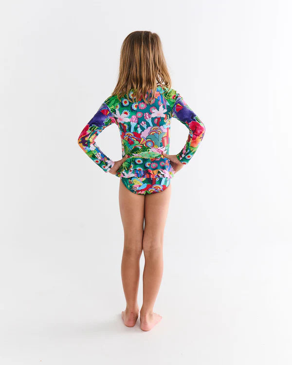 back view of Kip & Co x The Beatles Big Flower Dreamscape Long Sleeve Bathers