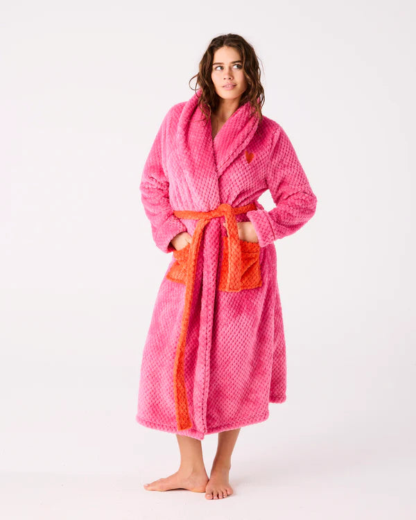 Model wearing Kiss Me Adult Cosy Robe by Kip & Co