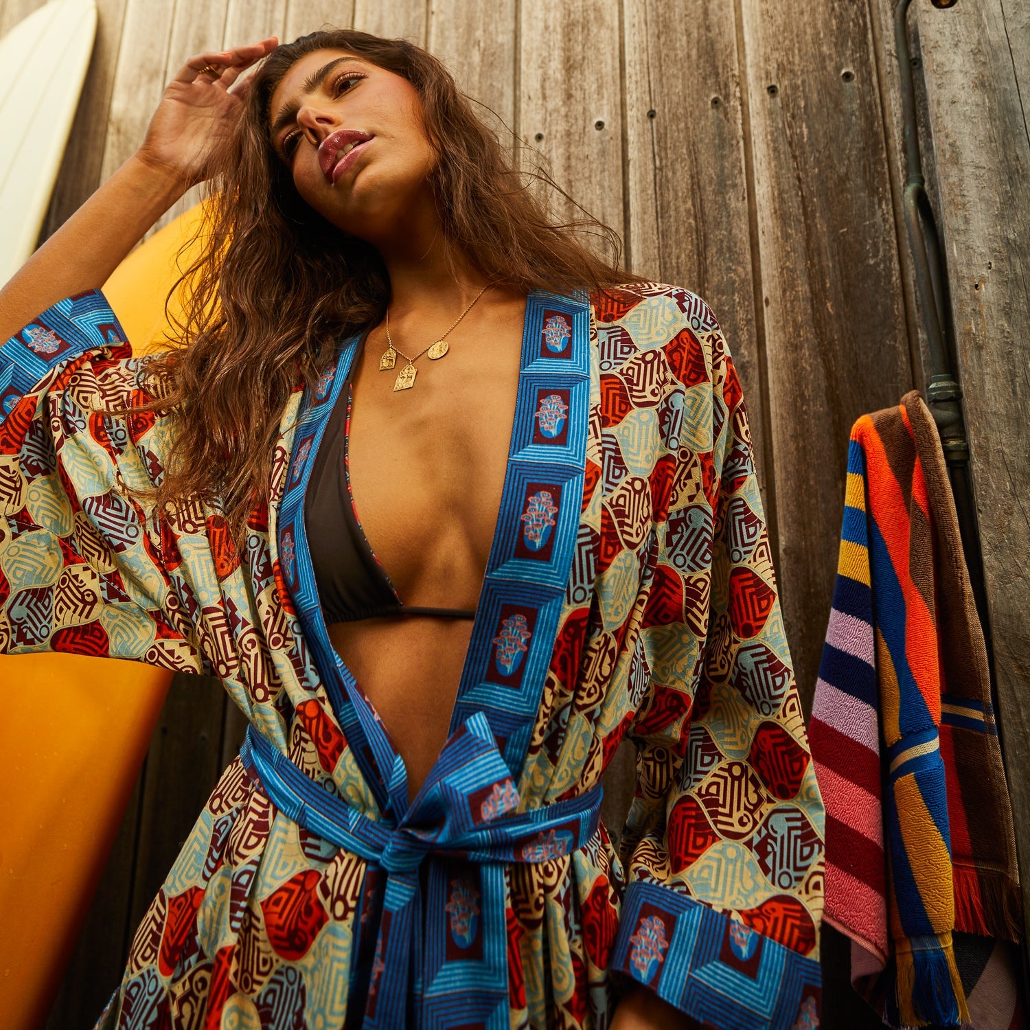 Colorful maximalist print detailing on Sage & Clare Koa Robe fabric
