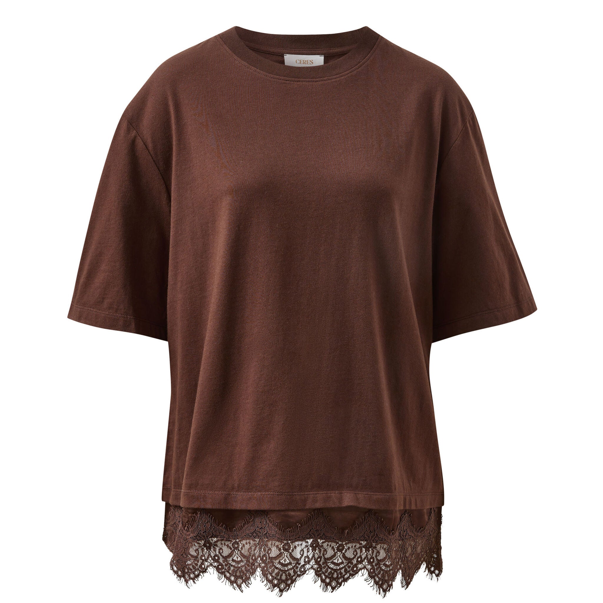 Front view of chocolate brown Lacey Tee showing oversized fit and intricate lace trim