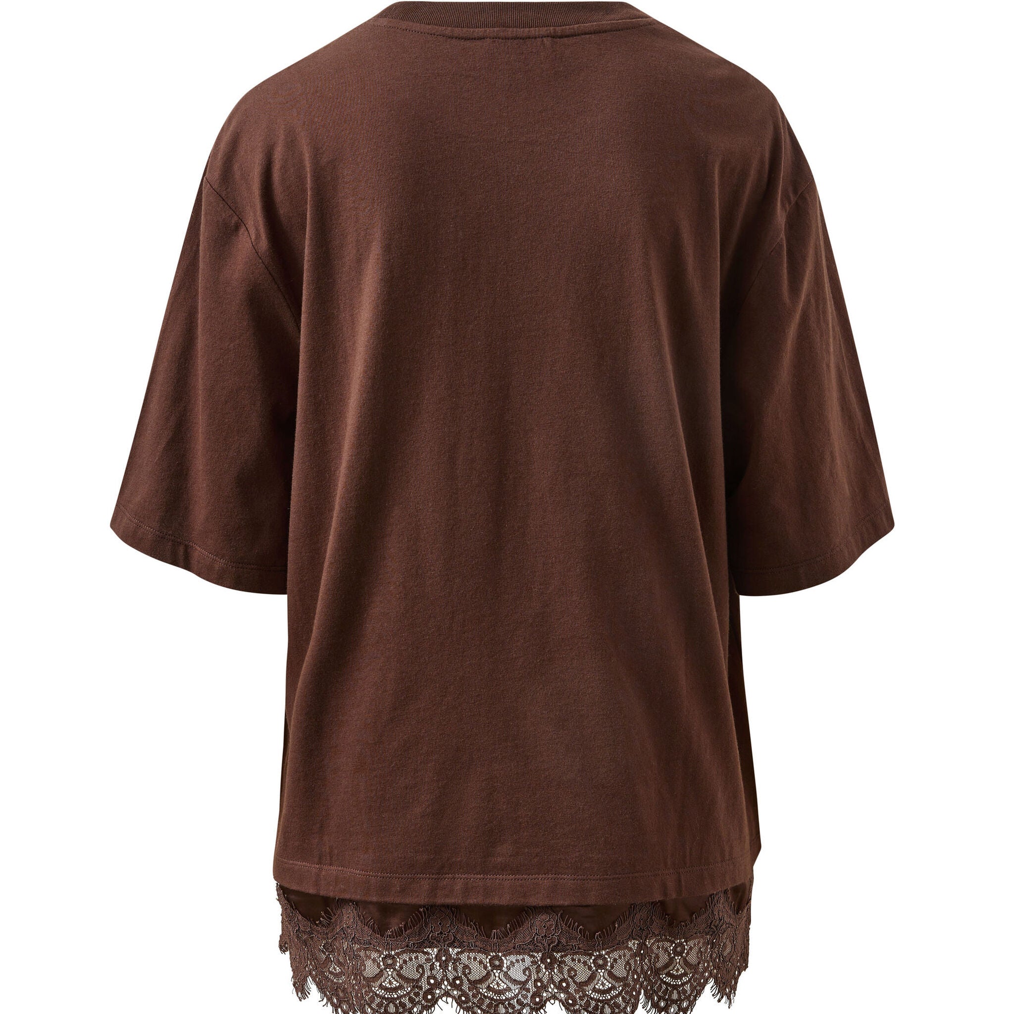 Back view of chocolate brown Lacey Tee displaying relaxed silhouette and lace hemline