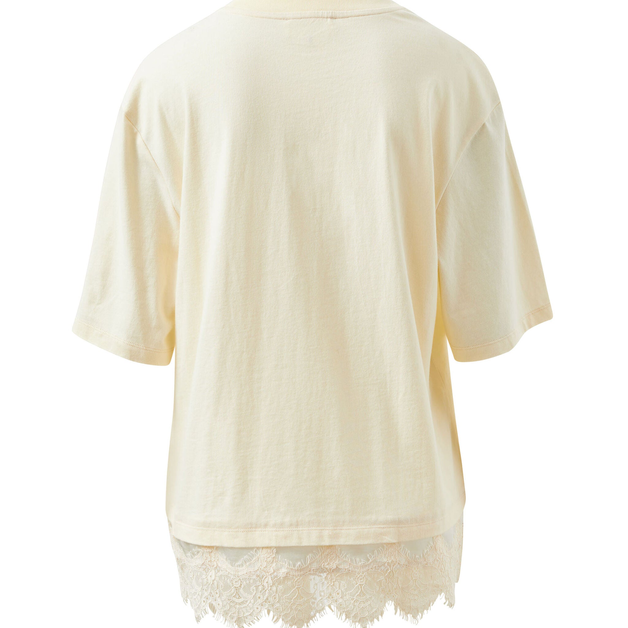 Back view of Lacey Tee displaying marshmallow cream fabric and lace hem detail