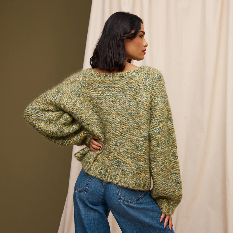 back veiw of model wearing Leroy Jumper by Sage and Clare, green mohair knit sweater