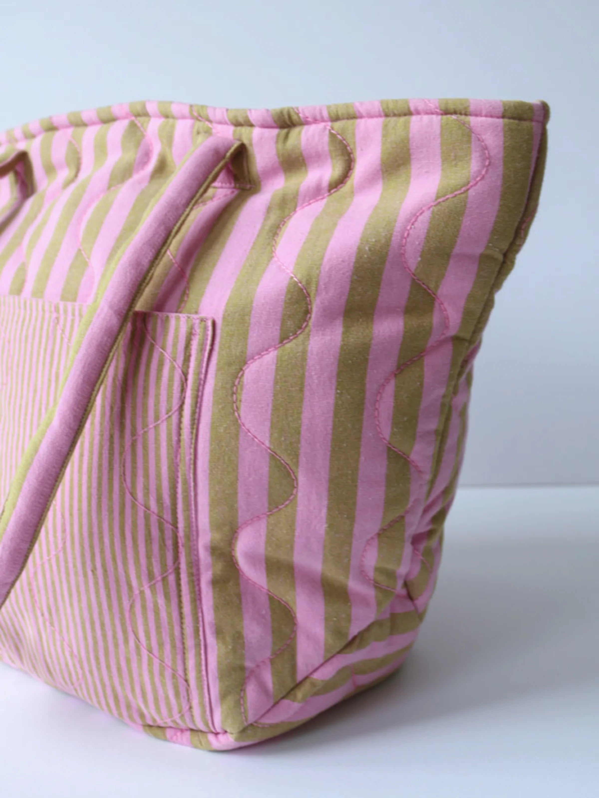 Lilac Sprout Quilted Bag by Mosey Me fabric detail - green and pink/purple stripes