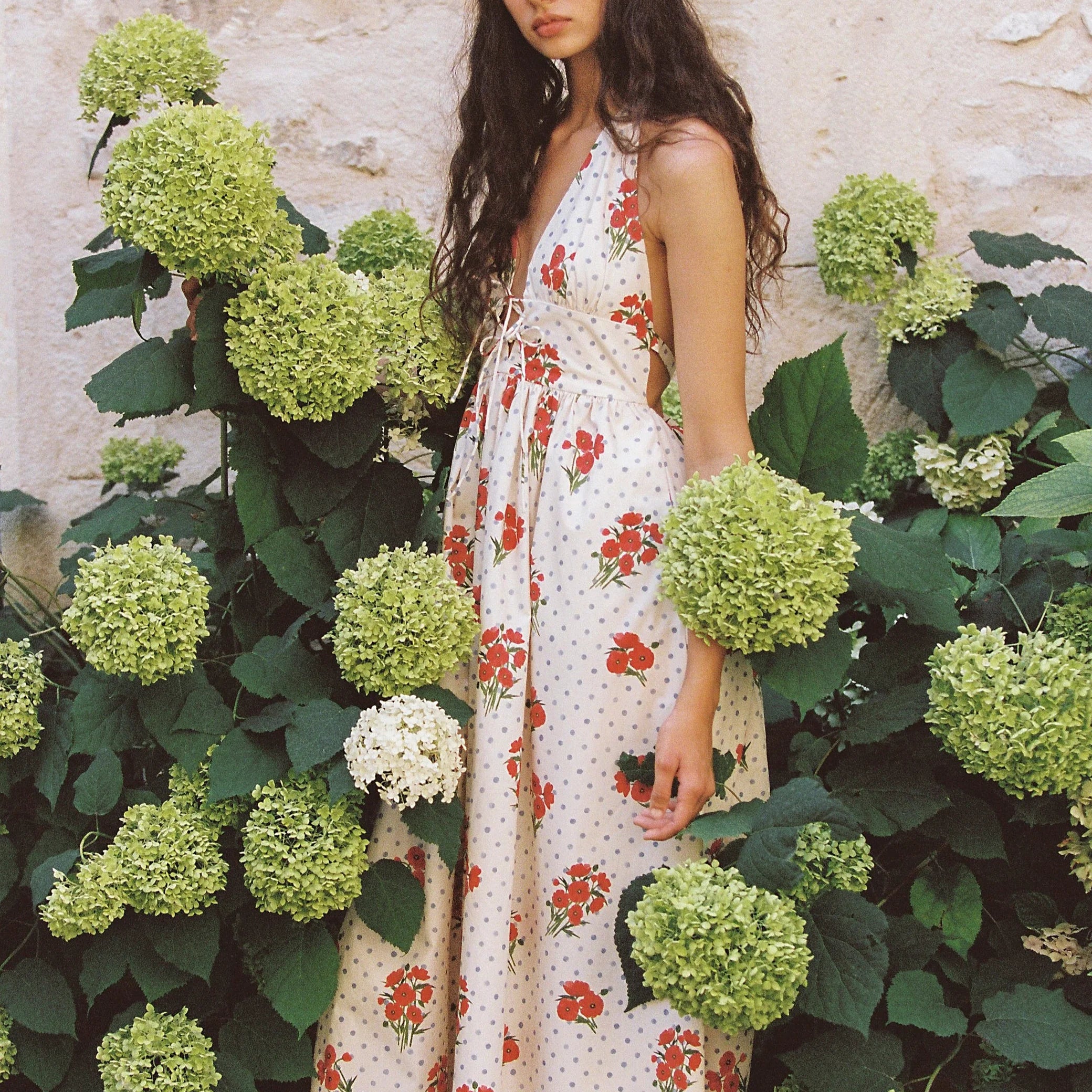 lady wearing Lily Maxi Dress Poppies by JUNI