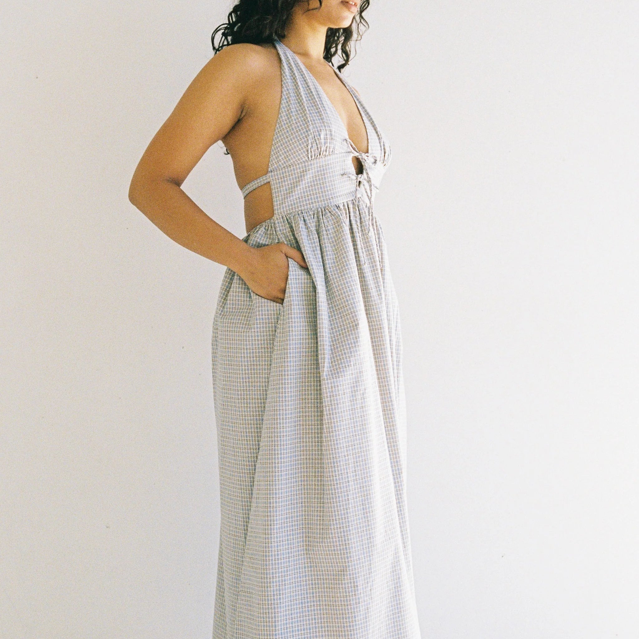 cotton halter neck dress with open back in blue check - Lily midi dress blue check by JUNI