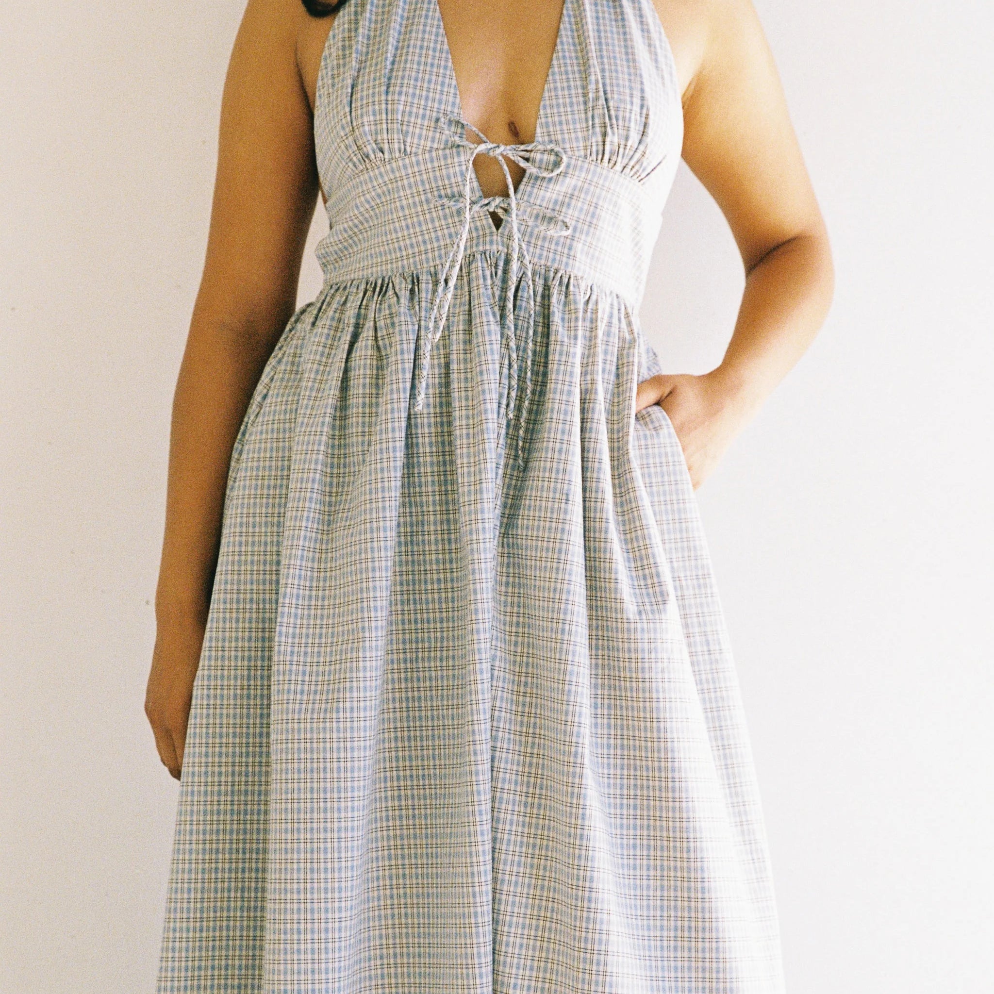 halter neck cotton dress - Lily midi dress blue check by JUNI