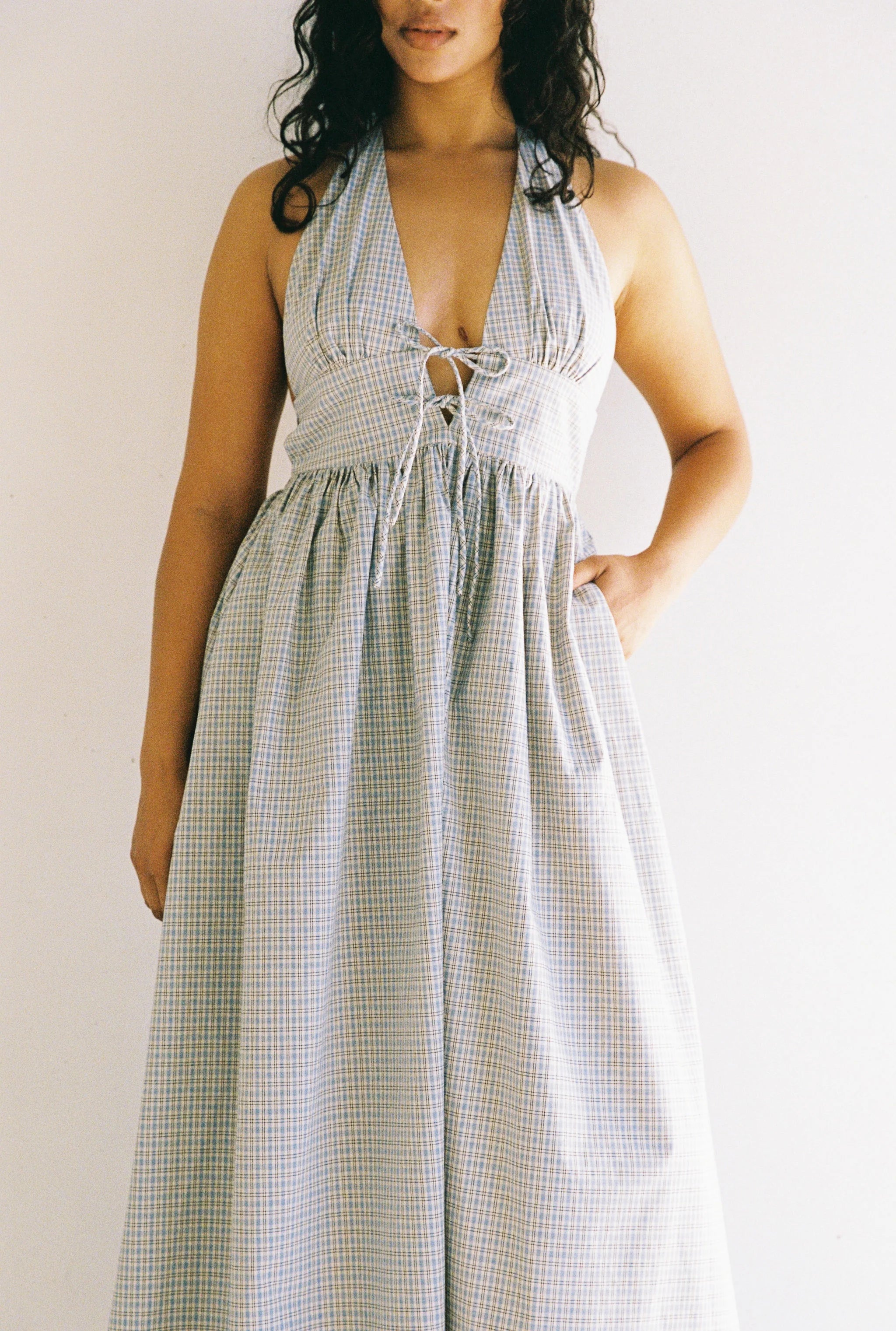 halter neck cotton dress - Lily midi dress blue check by JUNI