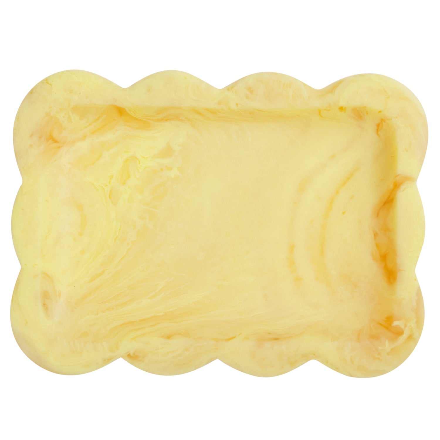 Aspen Gold marbled resin tray with scalloped border, overhead view showing swirled yellow interior