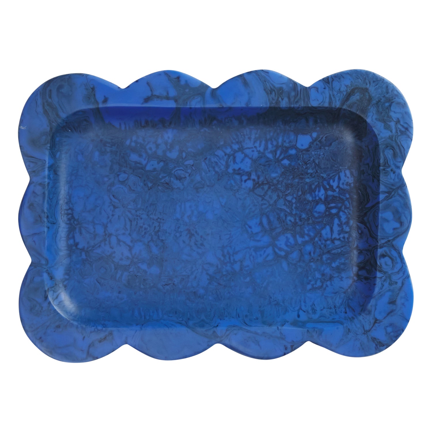 Azure blue marbled resin tray with scalloped edges, top-down view showing textured rectangular well