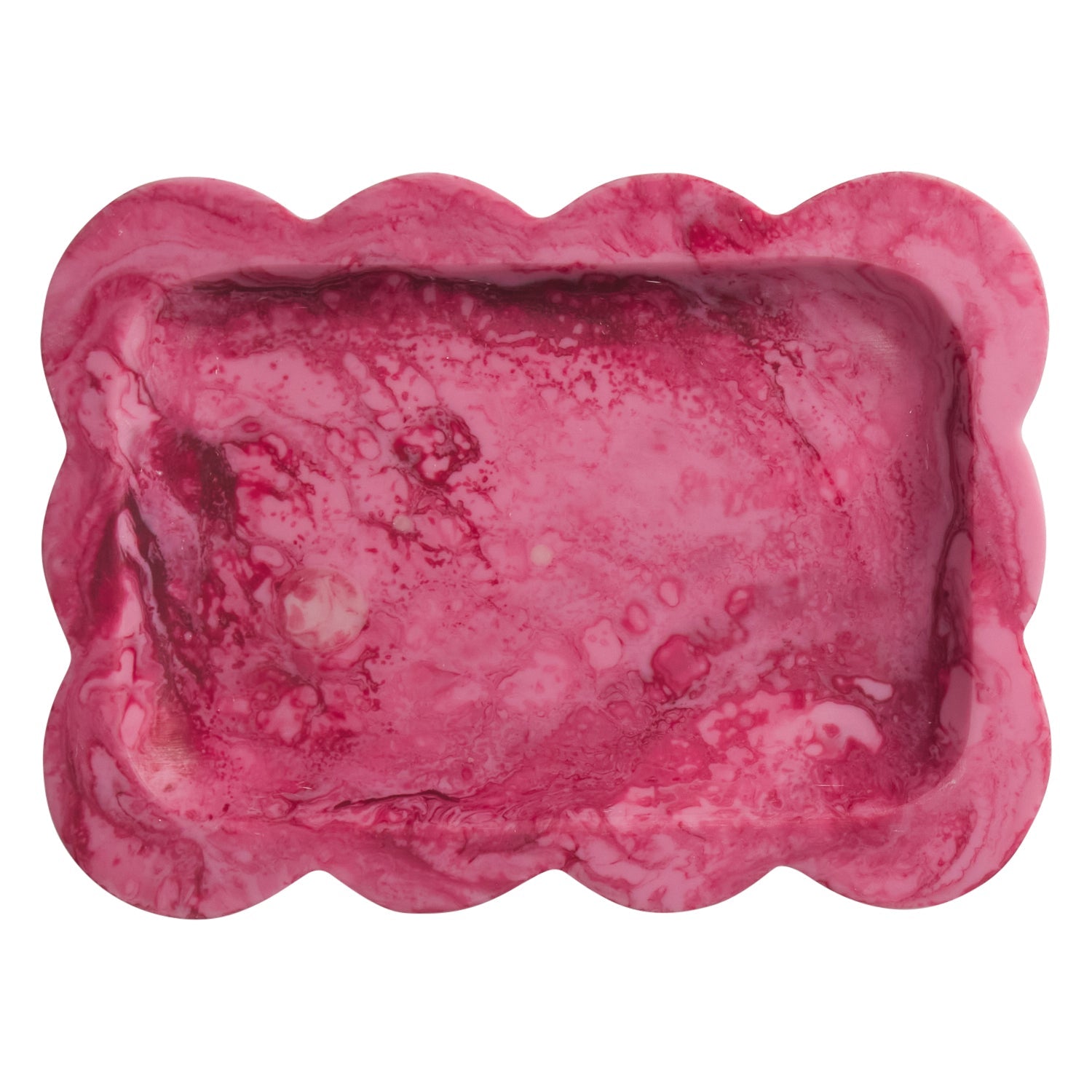 Crimson pink marbled resin tray with scalloped edges, overhead close-up of rectangular well