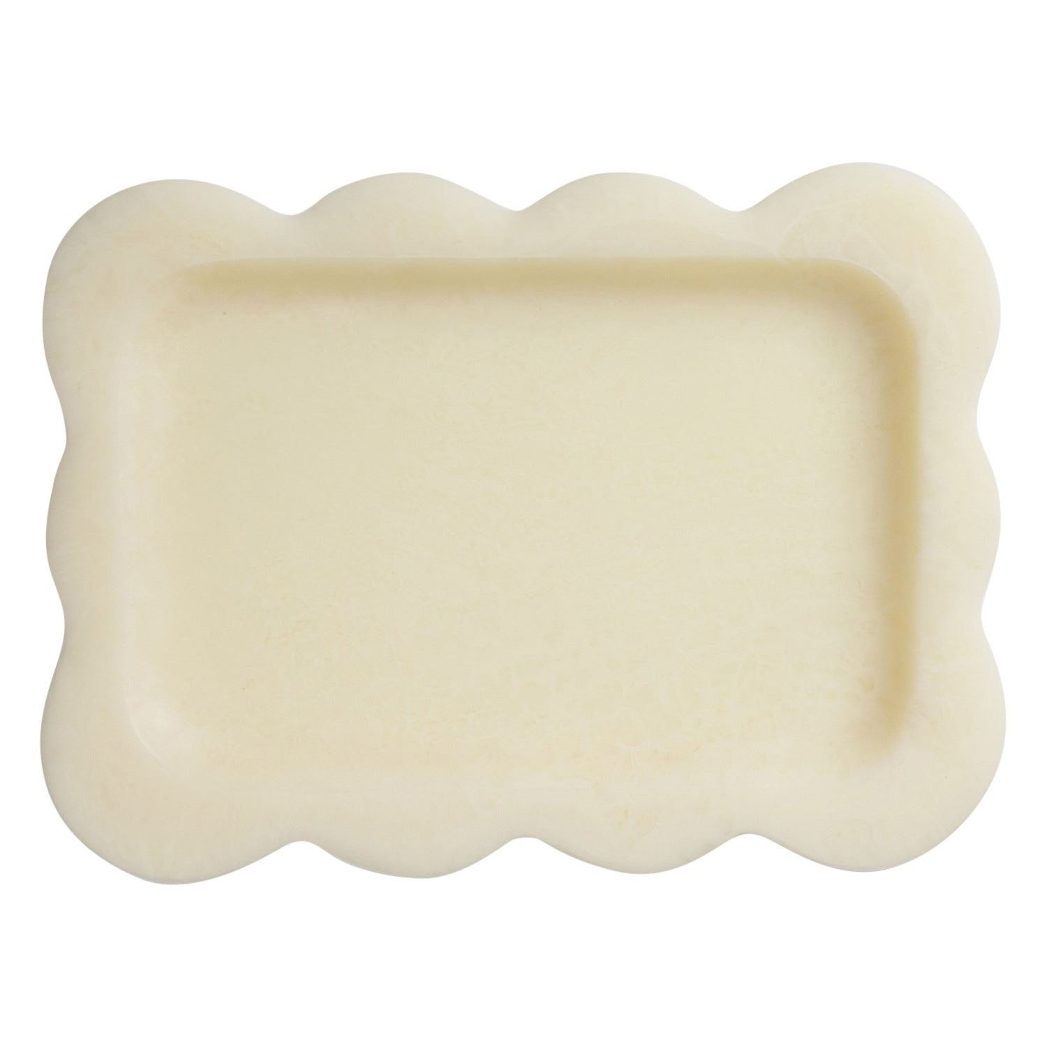 Pearl cream resin tray with scalloped edges, overhead view showing smooth rectangular interior