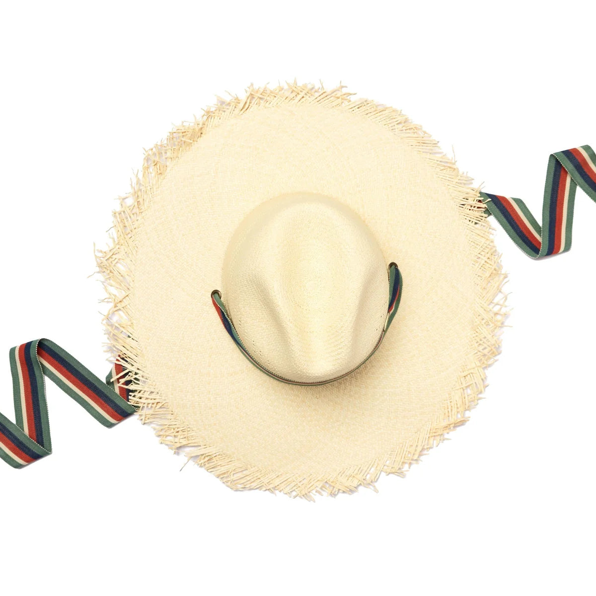 Lorna Murray Paradise Vintage - Sandy Beach Panama Hat with green, navy, red and cream stripped ribbon