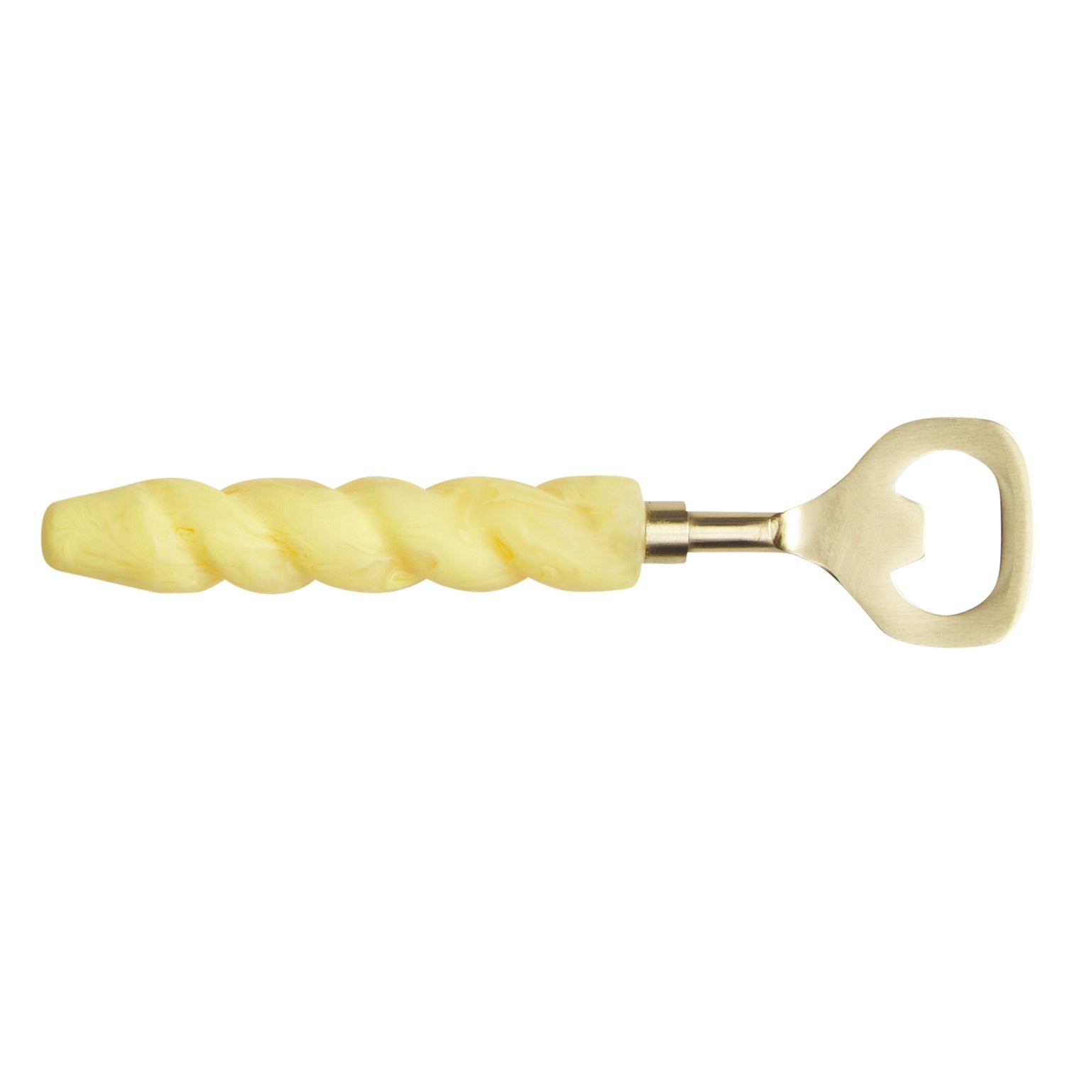Bottle opener featuring a twisted Aspen Gold marbled resin handle with a brushed brass opener head