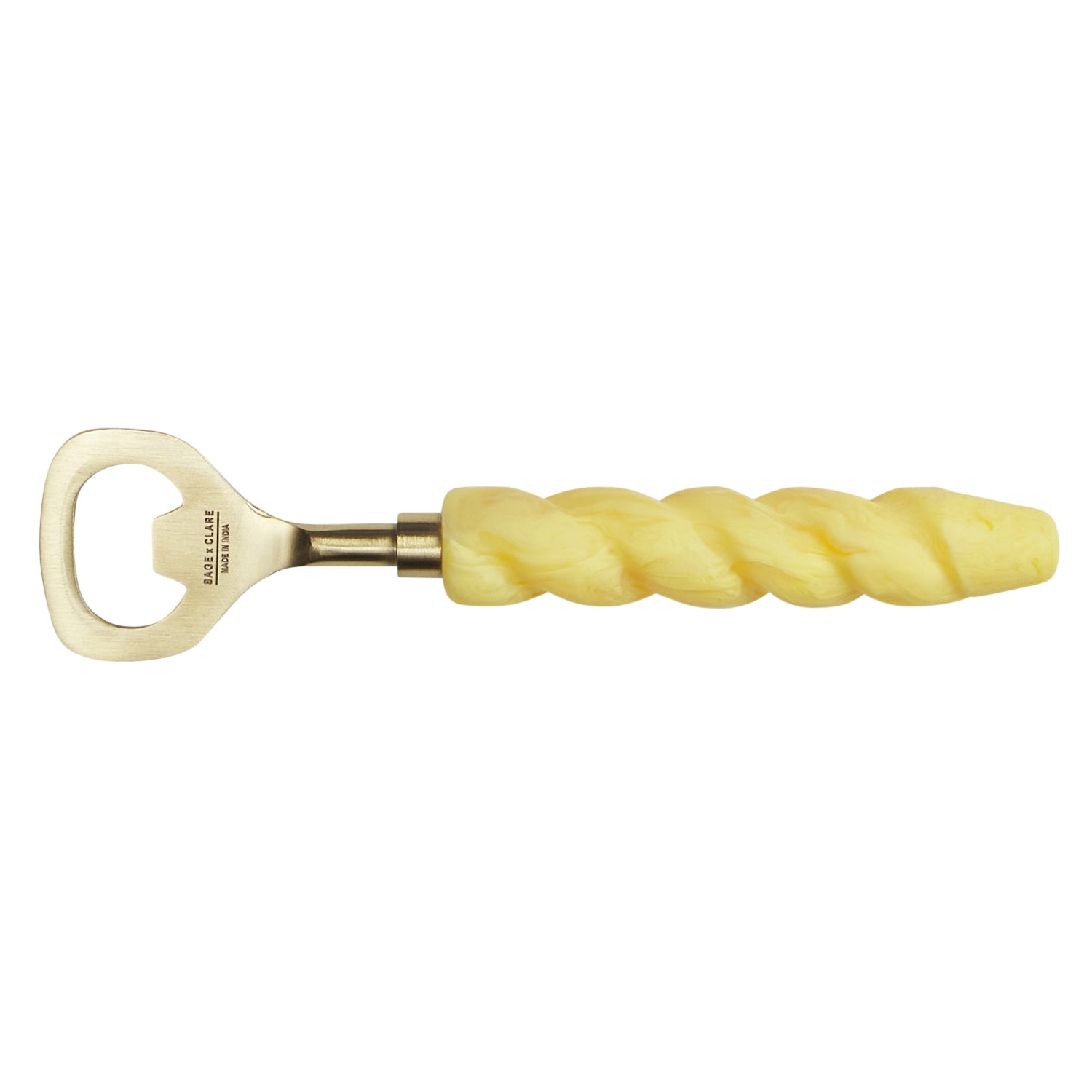 Bottle opener with Aspen Gold twisted marbled resin handle and brushed brass head, opener-end facing left
