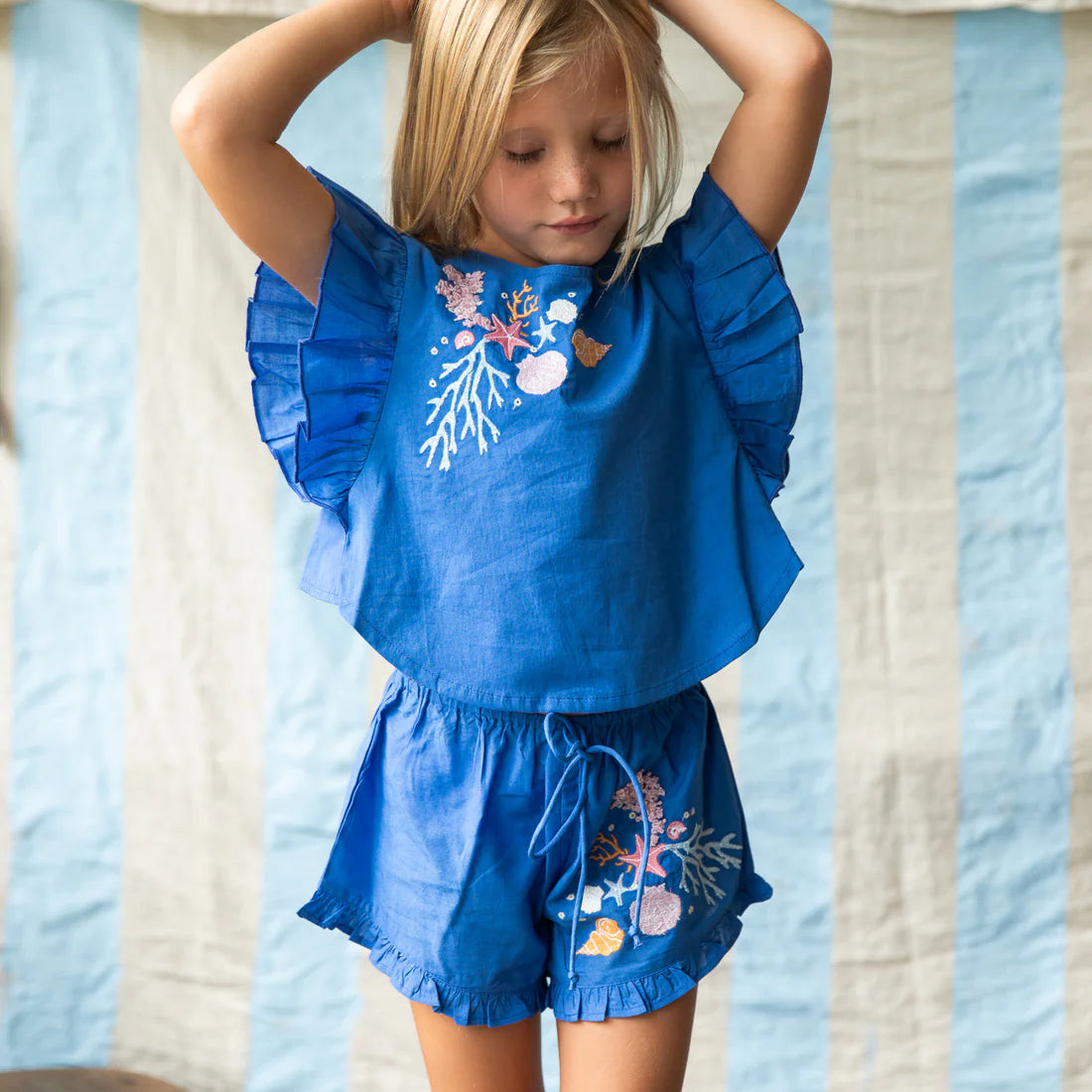 Girls blue top with open back and coral embroidery - Lucia Top Yves Klien by Pearson and Pearson