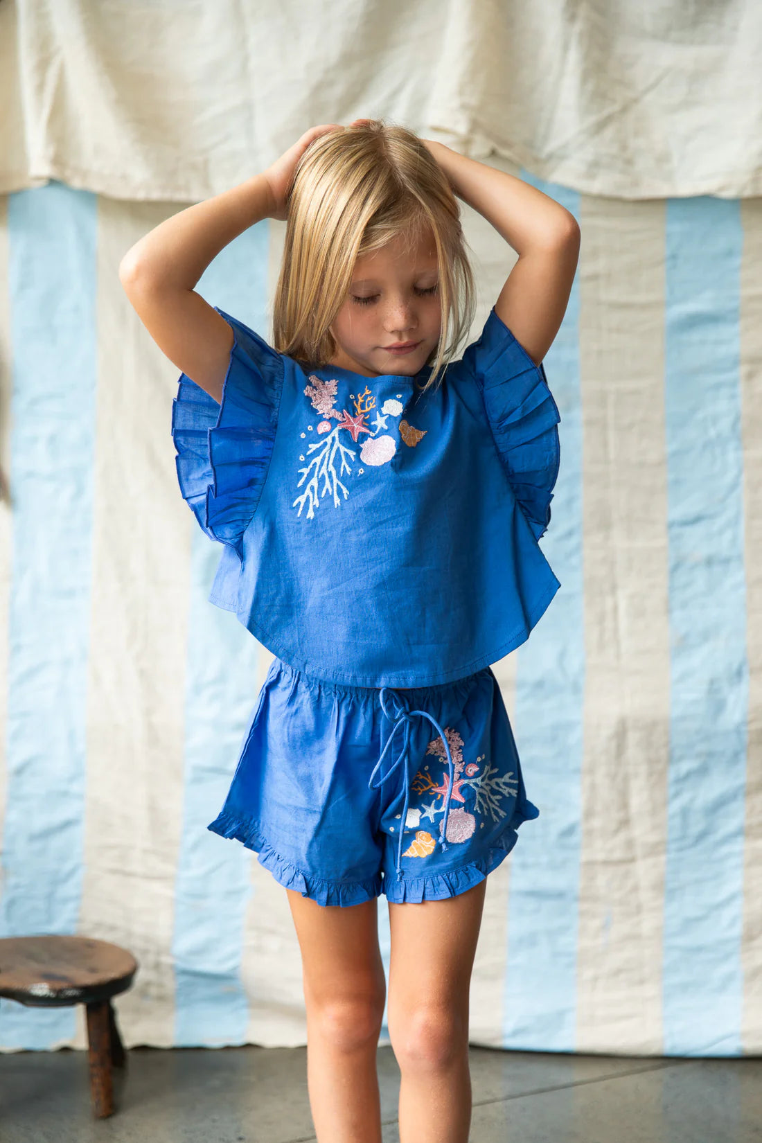 Girls blue top with open back and coral embroidery - Lucia Top Yves Klien by Pearson and Pearson