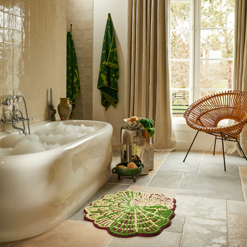 bathroom with Lucia Bath Sheet Kelp by Sage & Clare