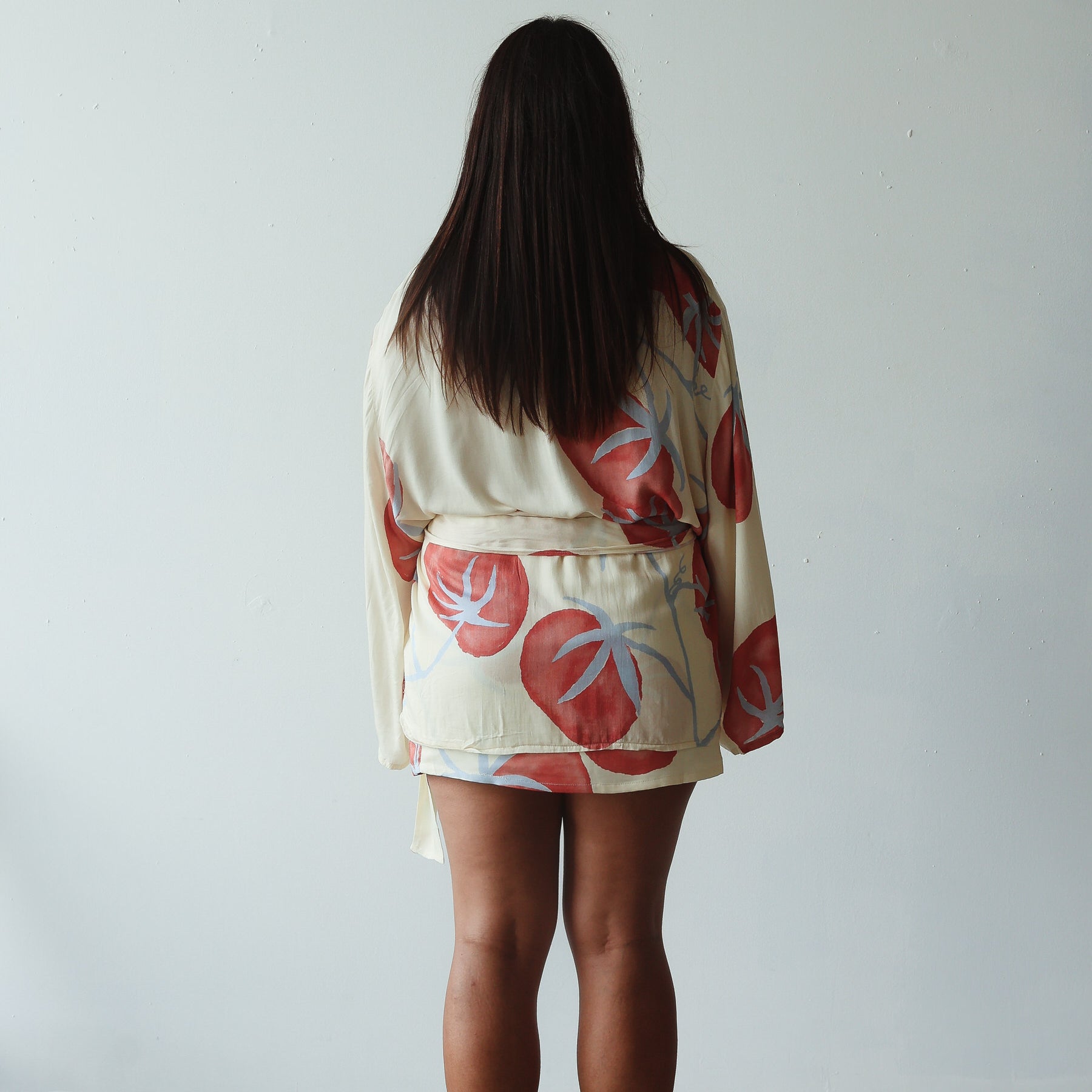 back view of model wearing Luella Kimono - Tomato Print by By Billie