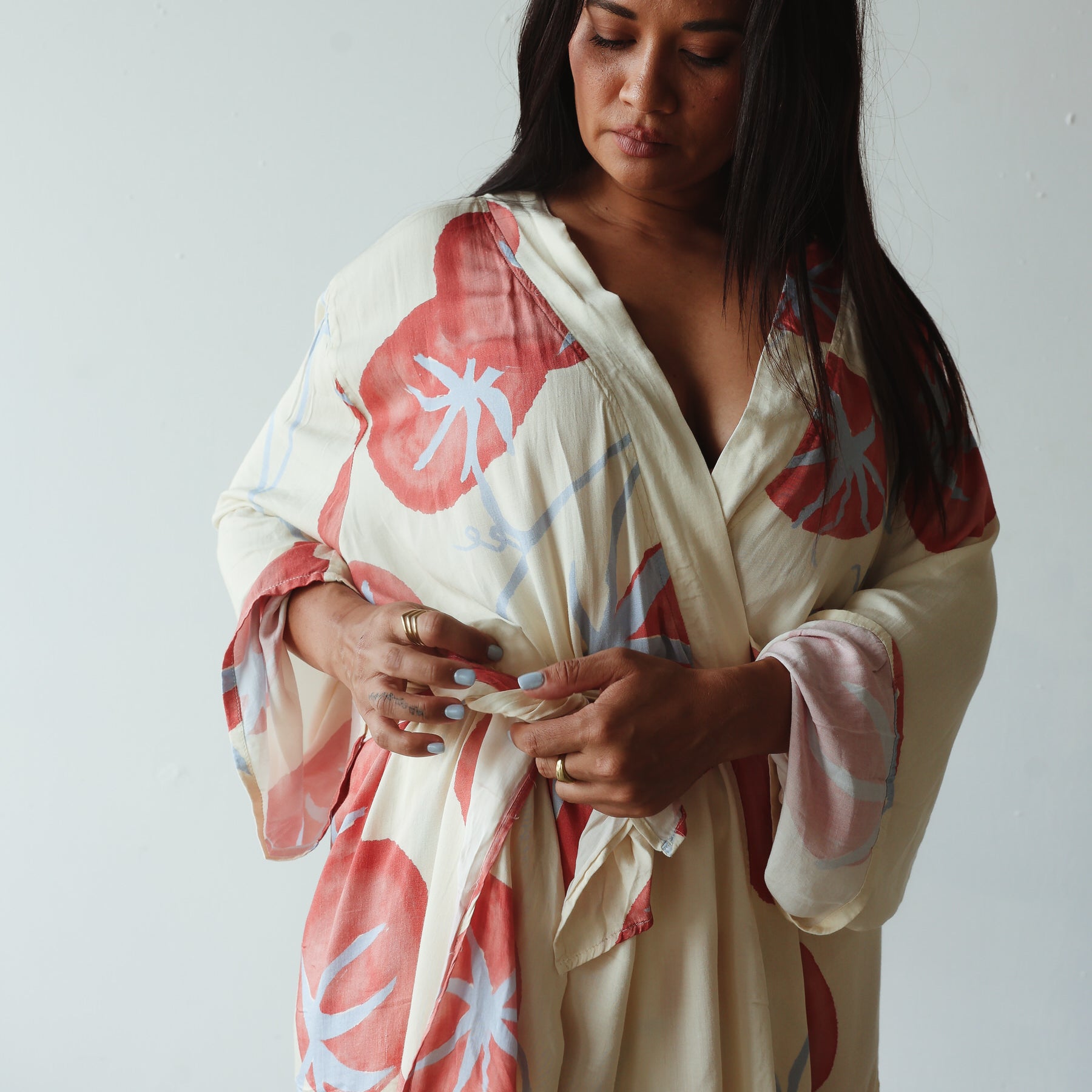 model wearing the Luella Kimono - Tomato Print by By Billie