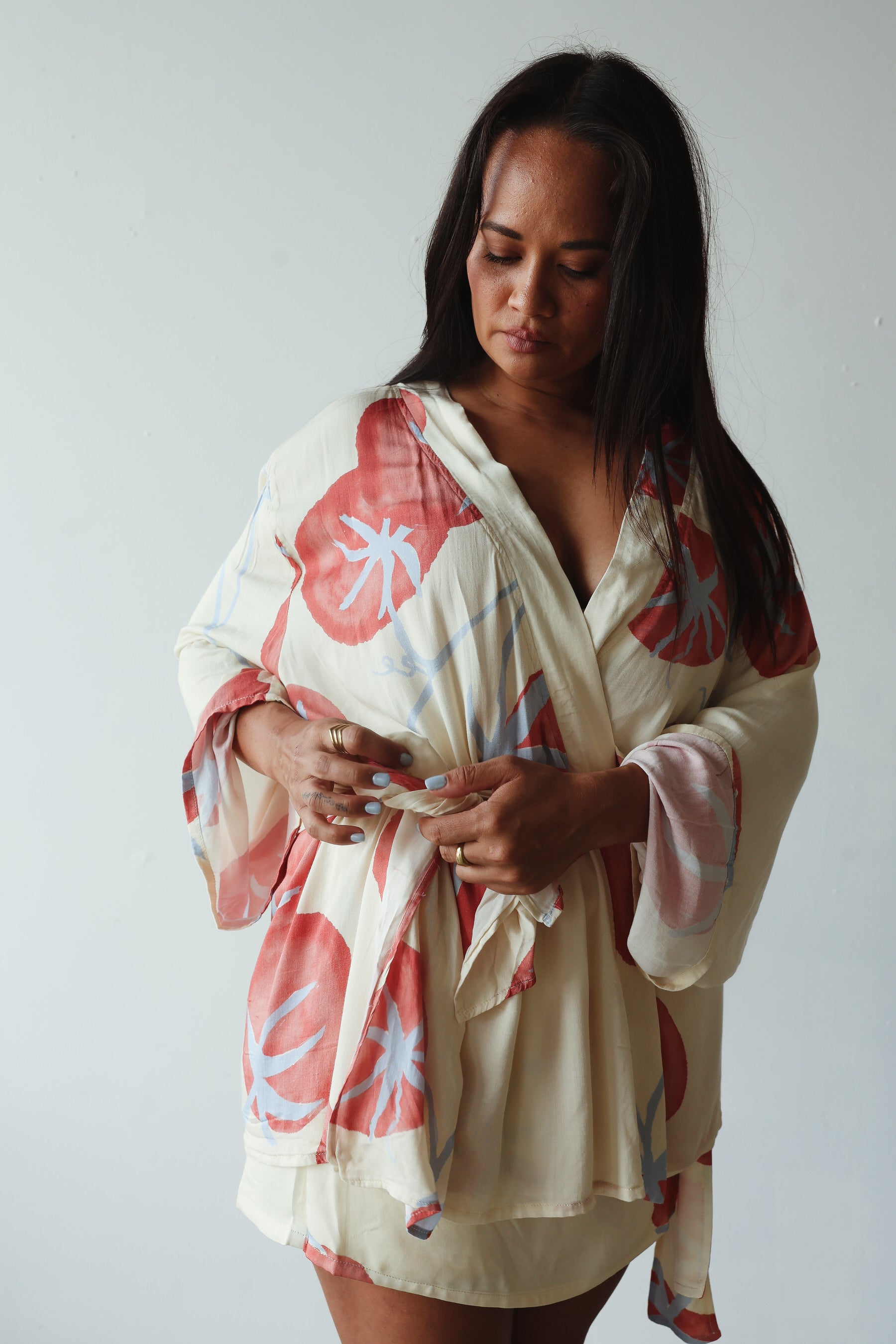 model wearing the Luella Kimono - Tomato Print by By Billie