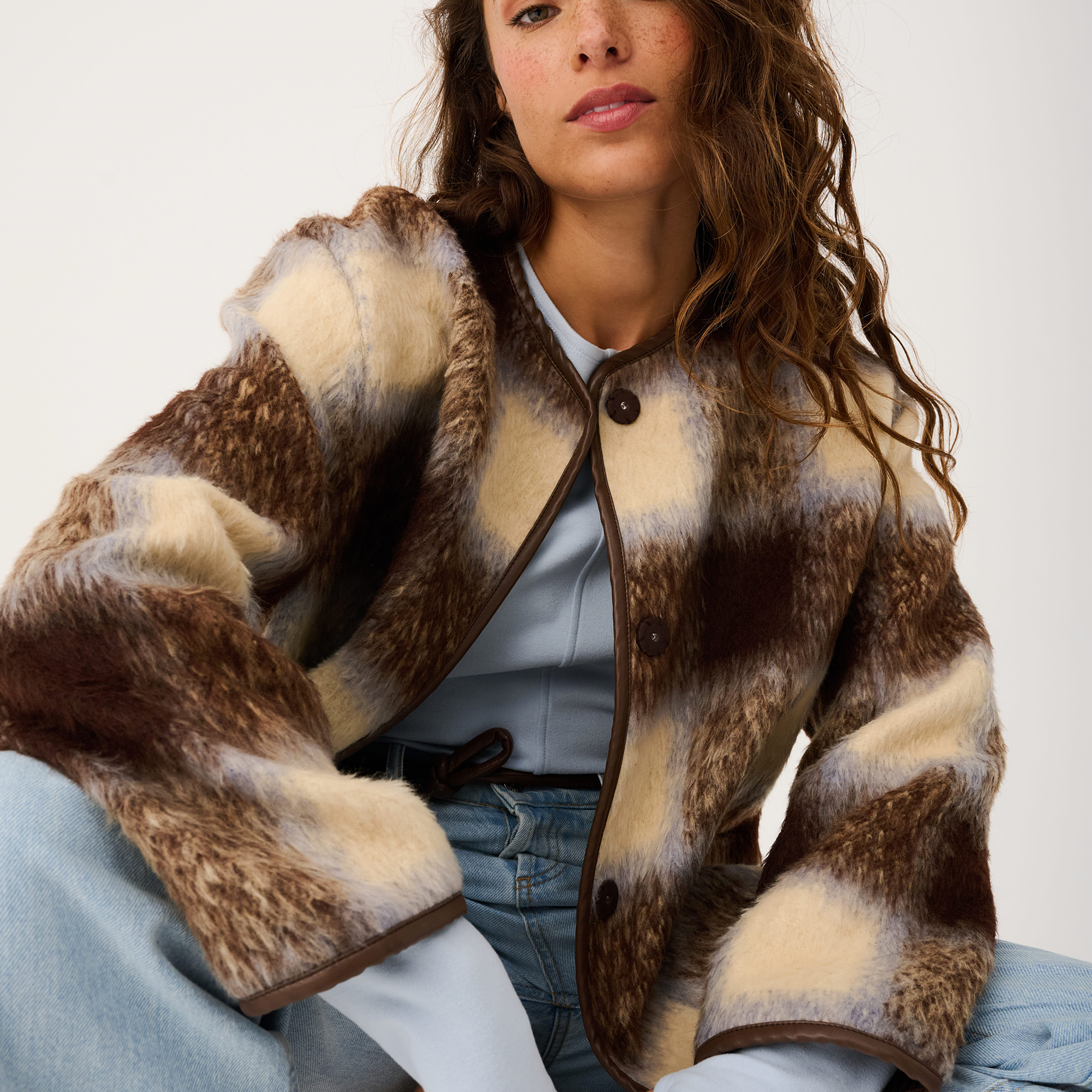 Luka Jacket in brown and cream check pattern with tie belt closure and long sleeves