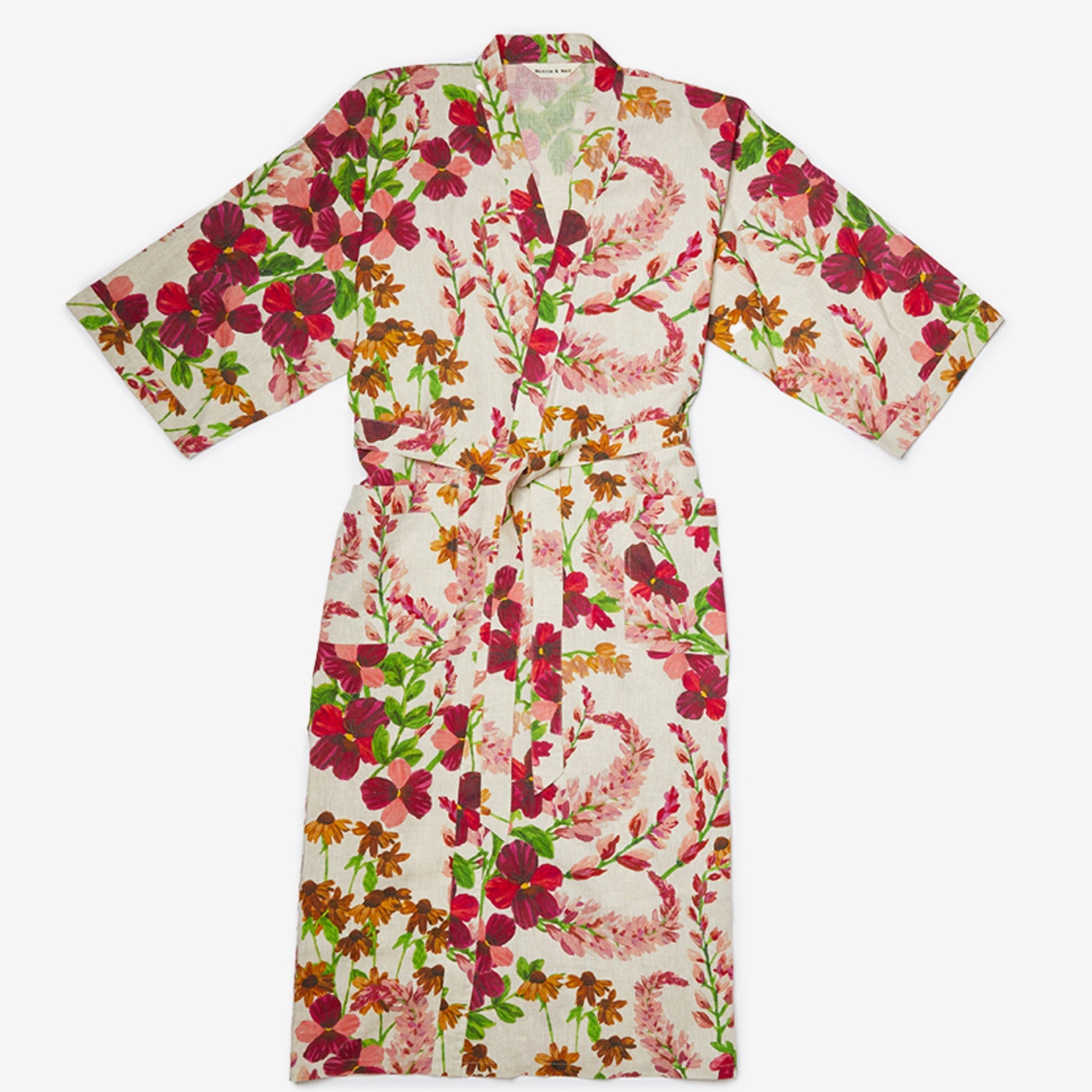 Front view of Lupin Multi Linen Robe showing colorful floral print with tie waist belt and three-quarter sleeves