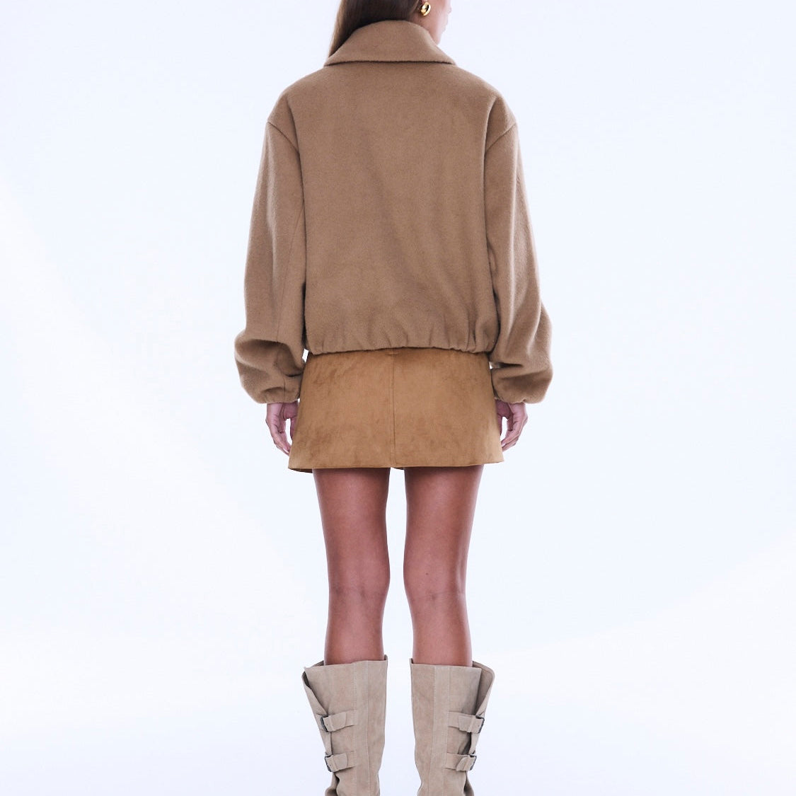 Back view of Maeve Wool Blend Bomber displaying camel wool blend fabric and cropped bomber silhouette