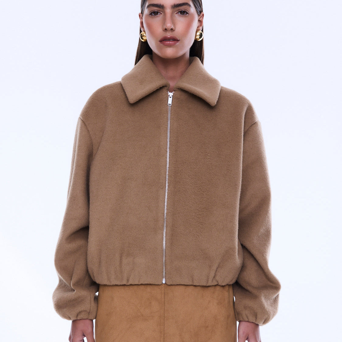 Front view of Maeve Wool Blend Bomber featuring full zip closure and classic bomber collar styling