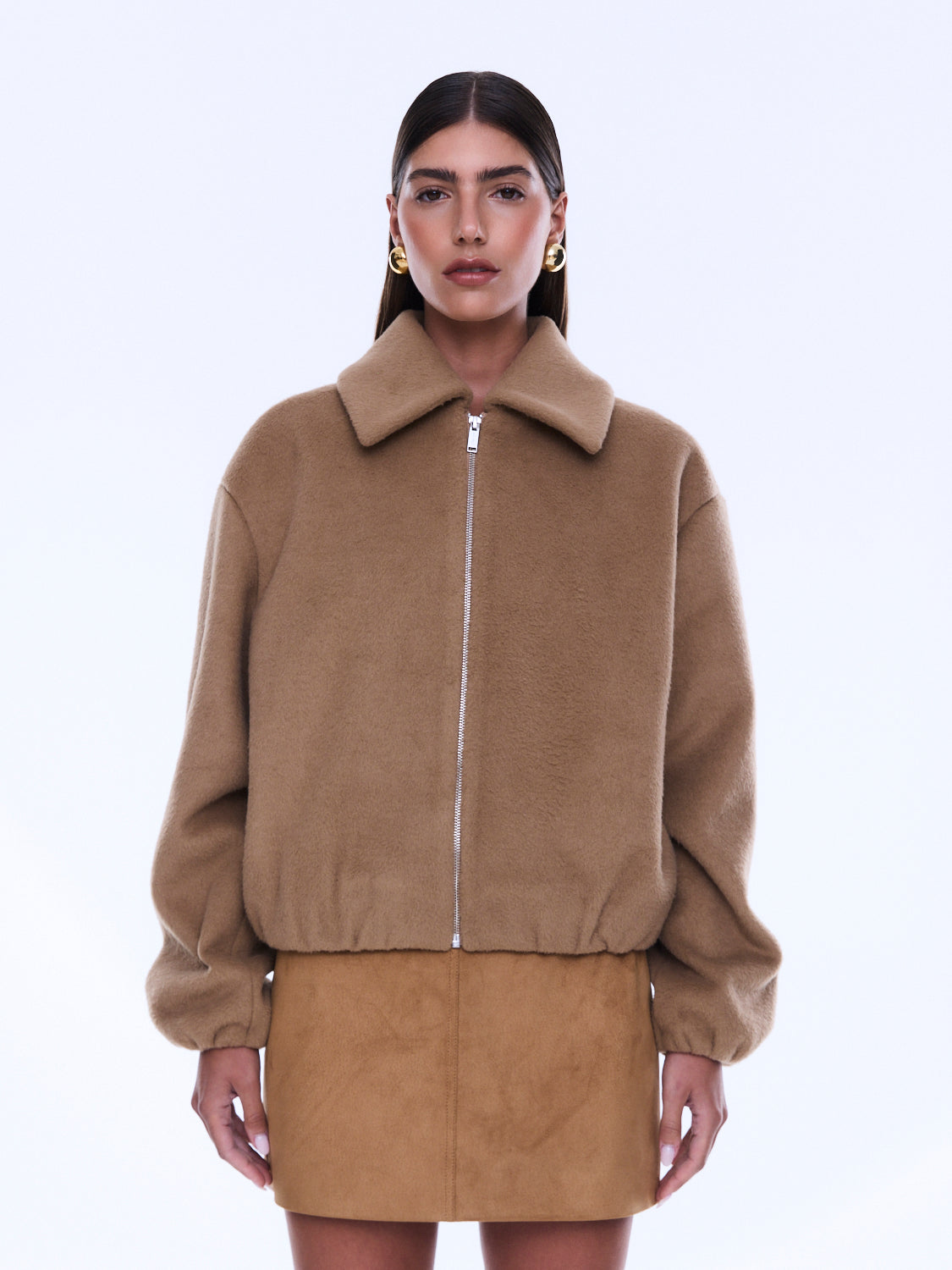 Front view of Maeve Wool Blend Bomber featuring full zip closure and classic bomber collar styling