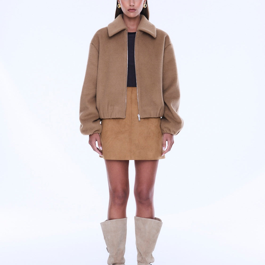 Maeve Wool Blend Bomber styled open showing camel colored wool blend and relaxed bomber fit