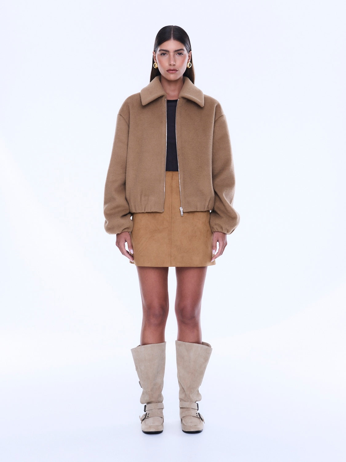 Maeve Wool Blend Bomber styled open showing camel colored wool blend and relaxed bomber fit