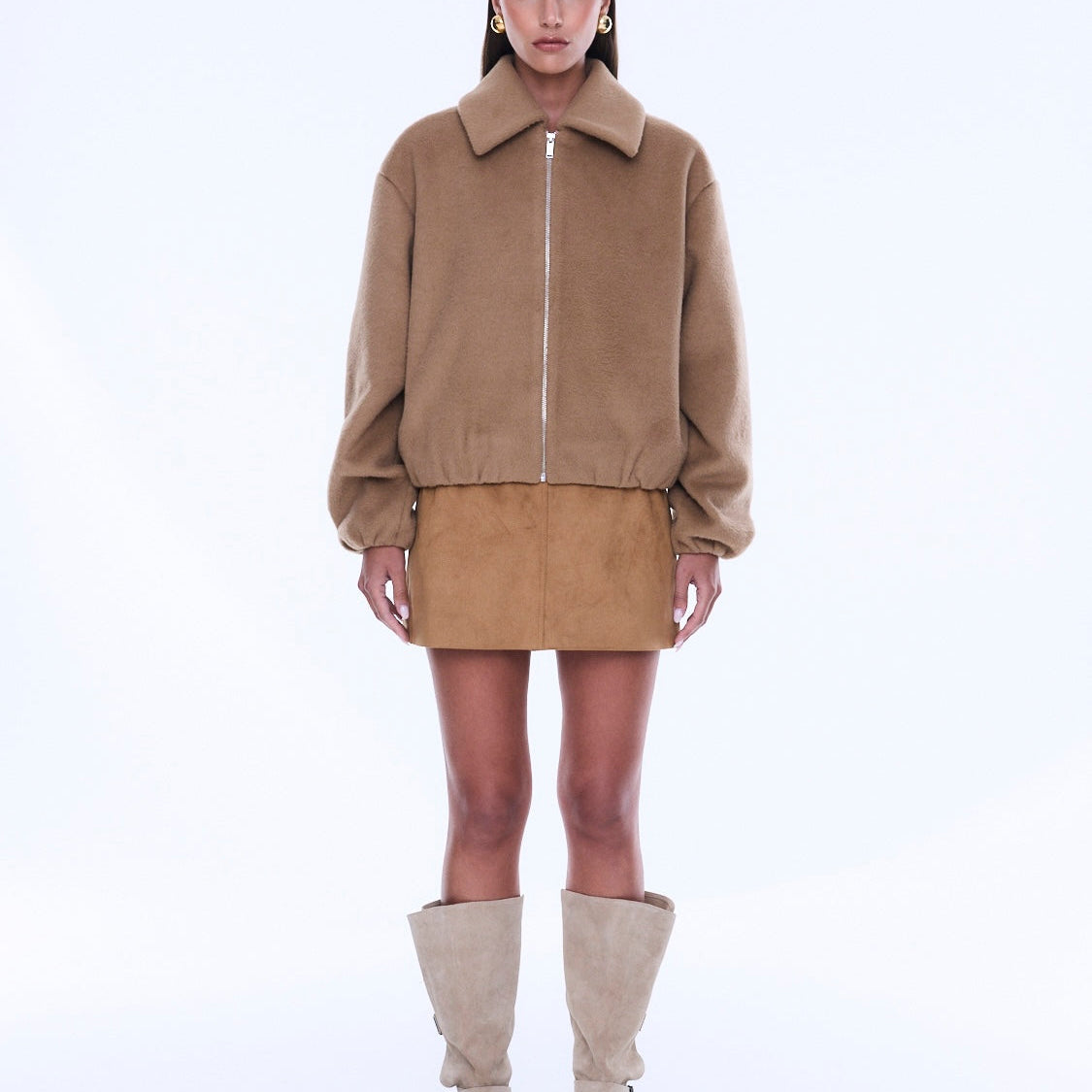 Maeve Wool Blend Bomber zipped up front view displaying wool blend texture and bomber silhouette
