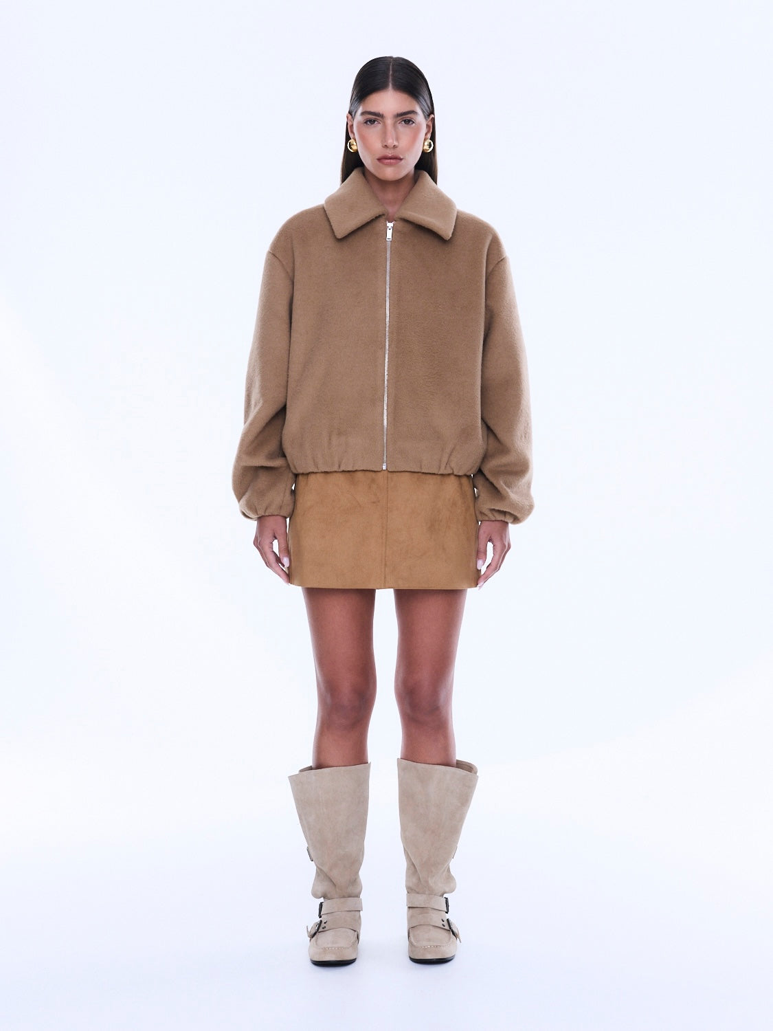 Maeve Wool Blend Bomber zipped up front view displaying wool blend texture and bomber silhouette