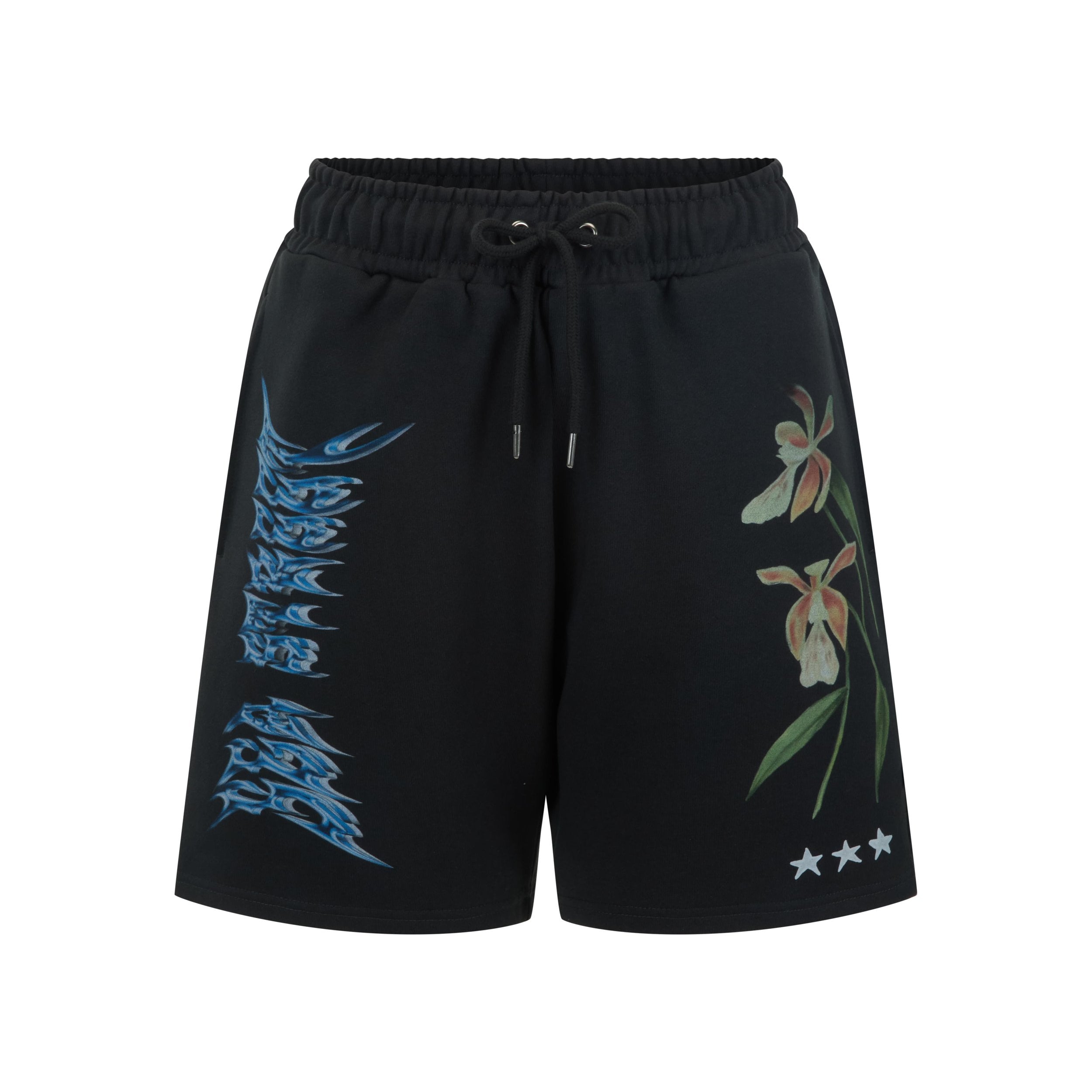 Flat lay of Sea Street washed black track shorts showing metallic blue text and pink floral print details
