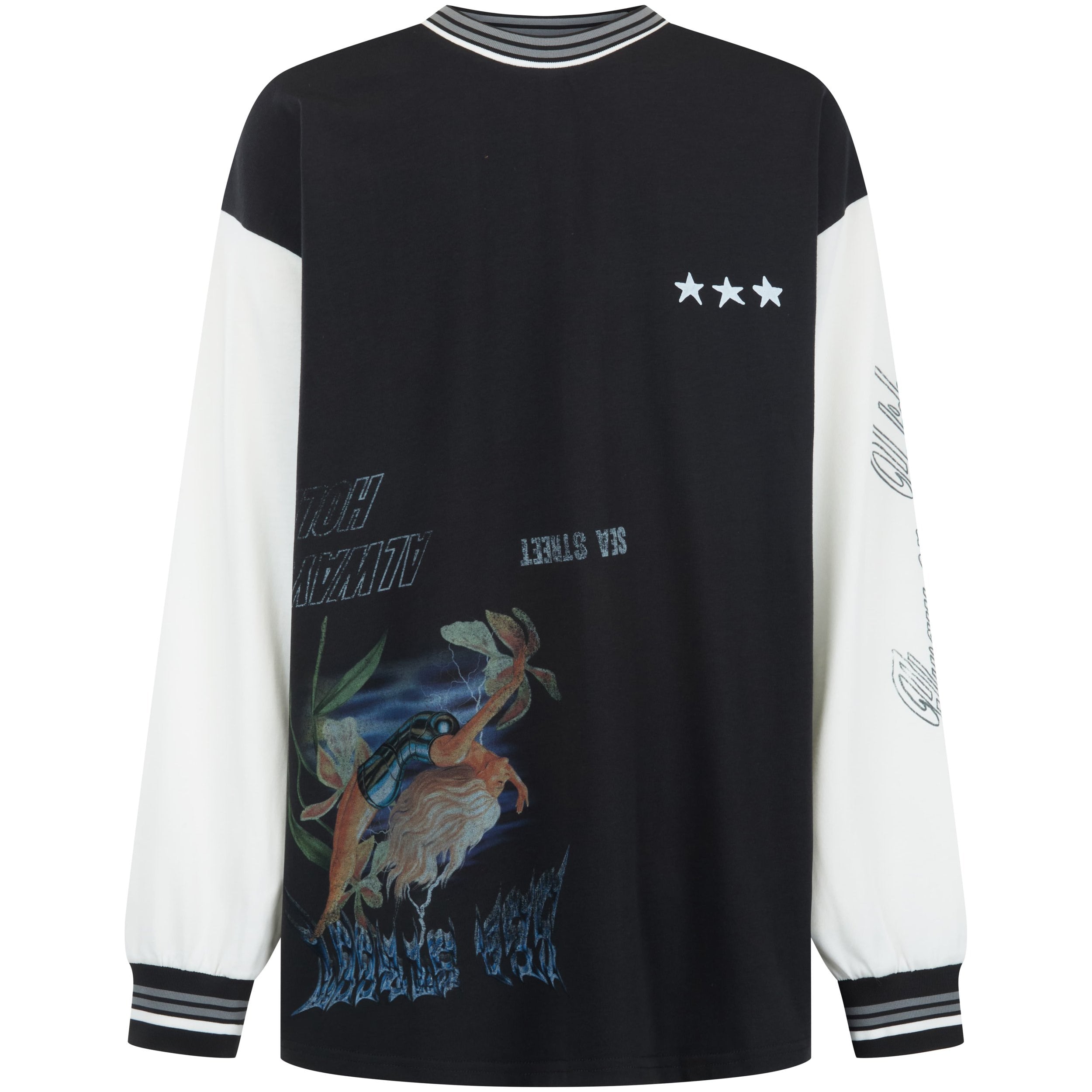Front view of Sea Street Metallic Diver Long Sleeve showing diver graphic and striped collar detail