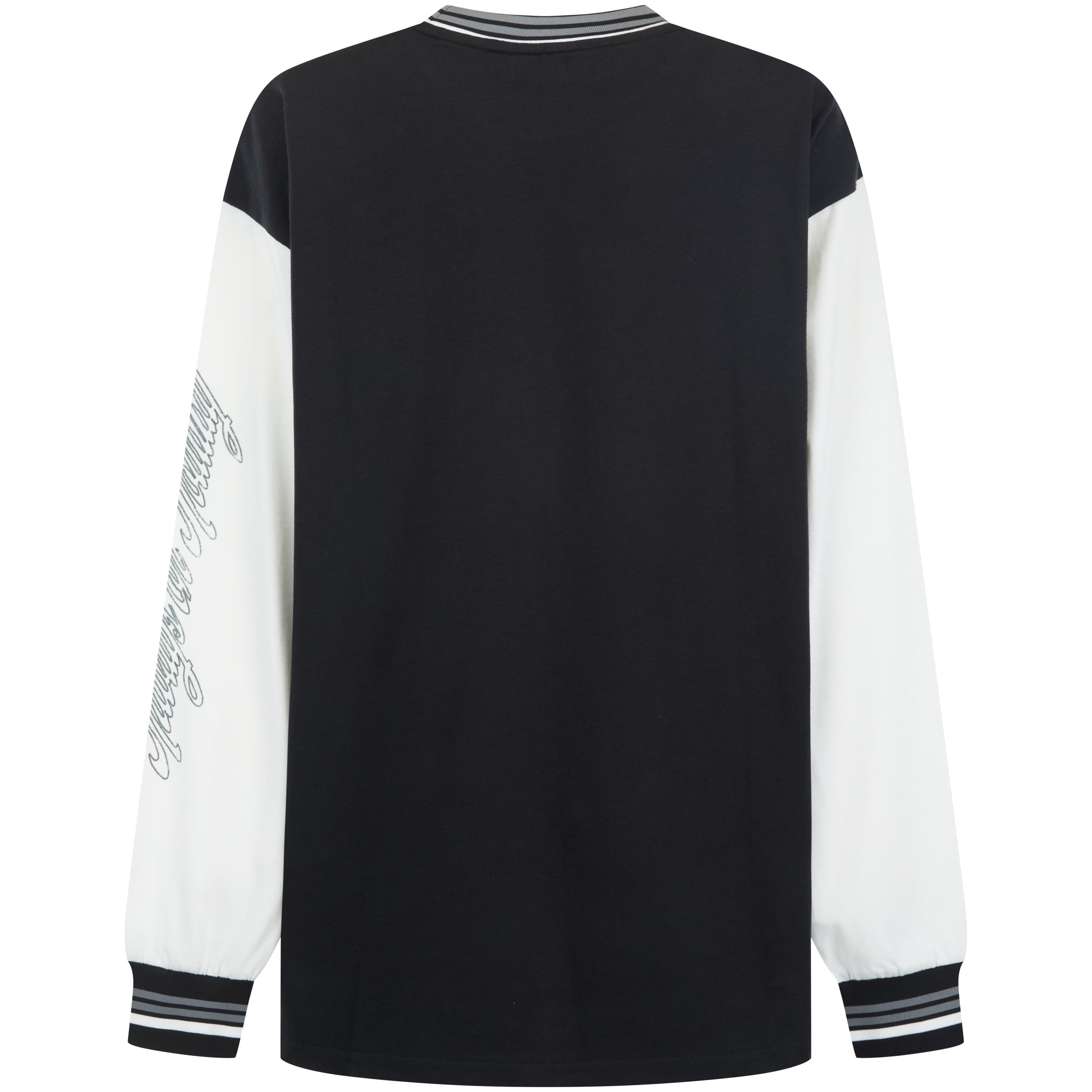Back view of Sea Street Metallic Diver Long Sleeve displaying script text on white sleeves