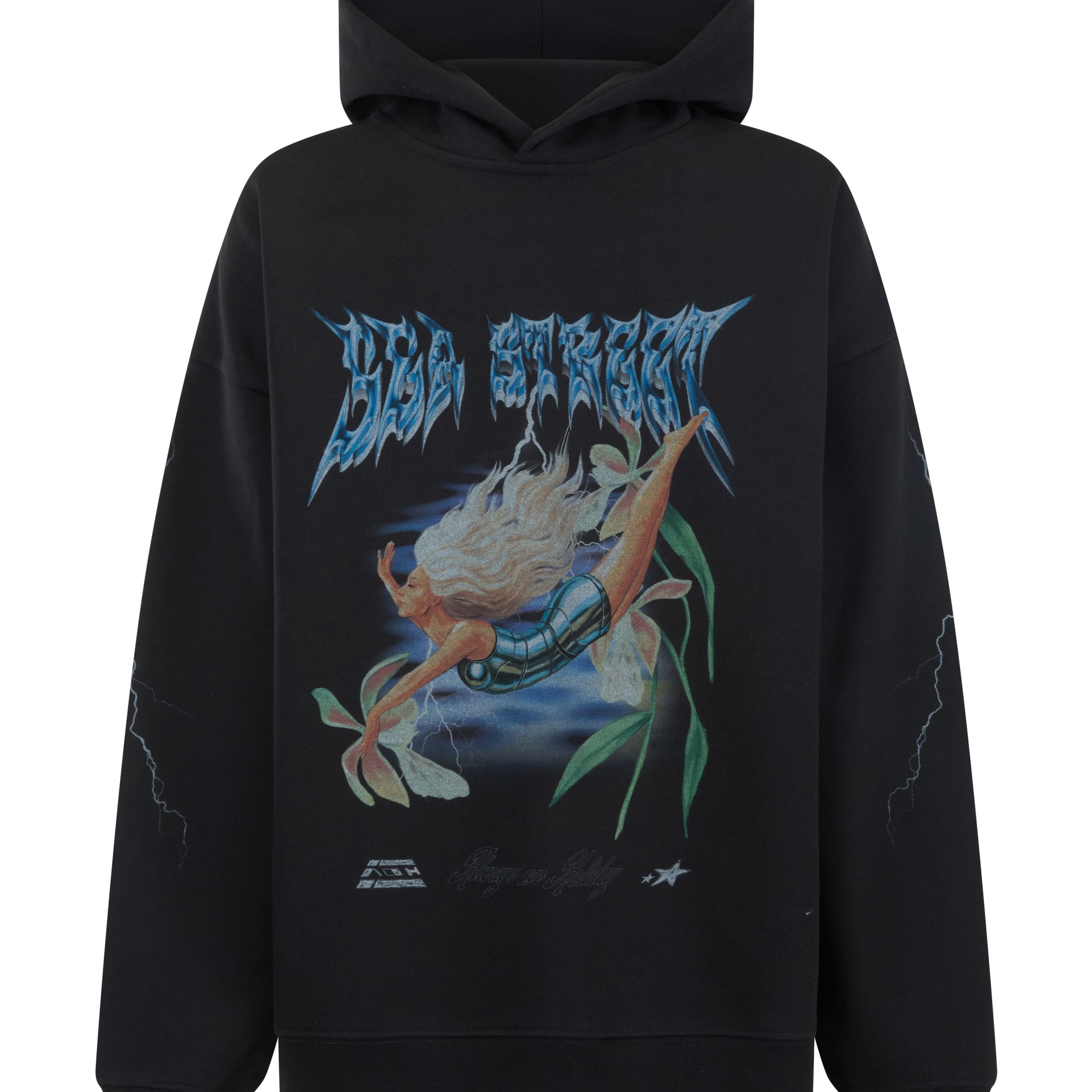 Front view of Sea Street Metallic Diver oversized hoody showing blue metallic text and diver graphic design
