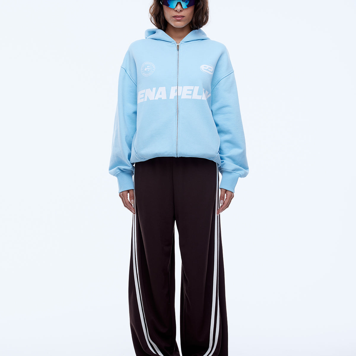 Full body front view of Multi Logo Zip Thru Hoodie in cloud blue with oversized fit