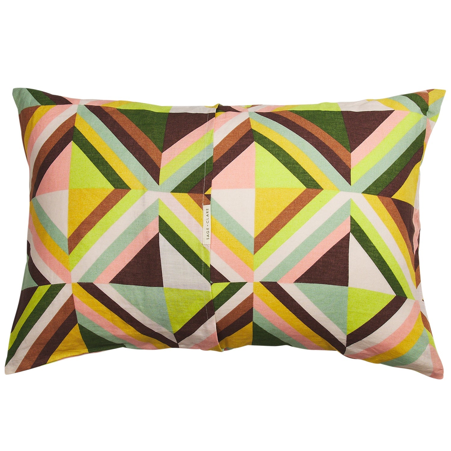 Standard linen pillowcase with multicolour geometric triangle print, front view on white background