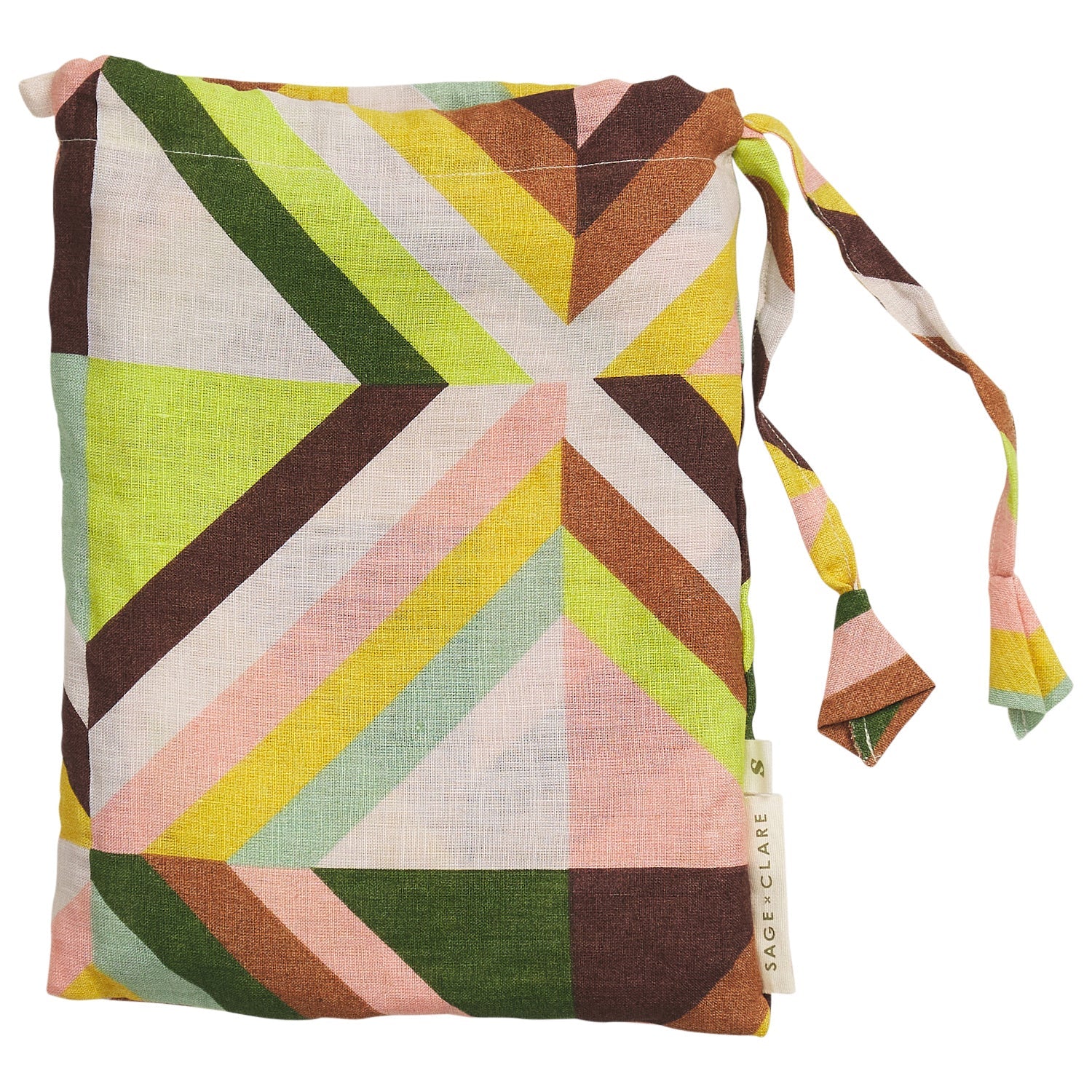 Linen pillowcase set stored in a matching geometric print drawstring storage bag