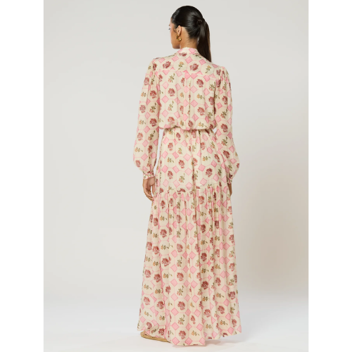 model back details wearing Mabel Button Maxi Dress by Winona with long sleeves and made from soft flowing rayon