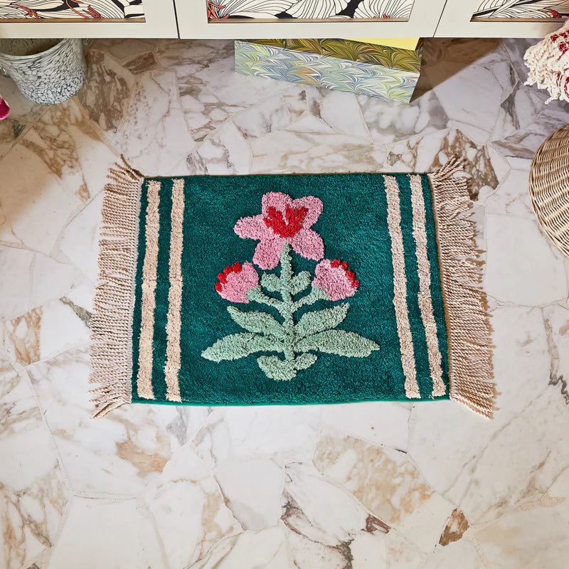 Organic Cotton Mini Bathmat by Sage and Clare - green and cream striped with pink and red flower