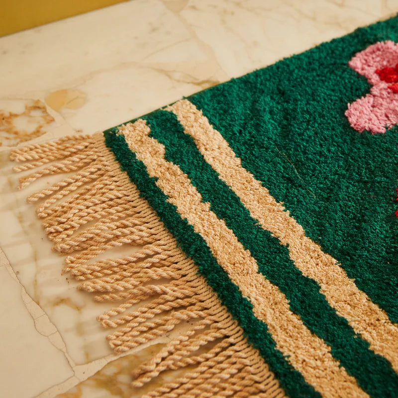 Organic Cotton Mini Bathmat by Sage and Clare - Green background with red and pink flower
